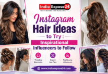 Stylish Instagram hair ideas collage featuring trendy hairstyles, balayage waves, ponytails, braids, and inspirational beauty influencers with IndiaExpose24 branding.