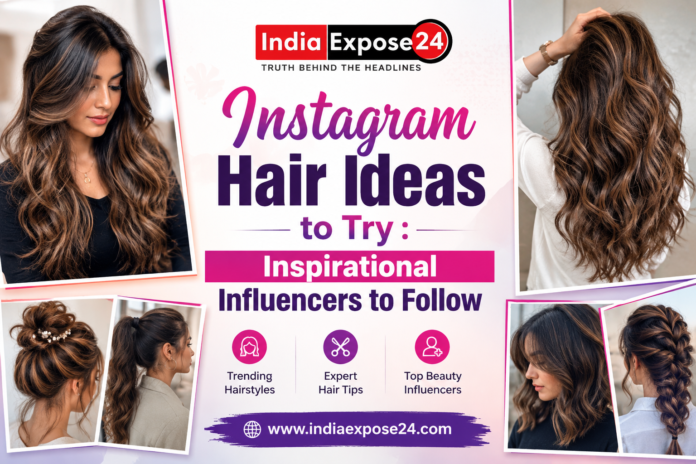 Stylish Instagram hair ideas collage featuring trendy hairstyles, balayage waves, ponytails, braids, and inspirational beauty influencers with IndiaExpose24 branding.