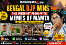 Funny political meme banner showing Mamata Banerjee reactions after hypothetical BJP victory in Bengal with viral internet meme style design and IndiaExpose24 branding.