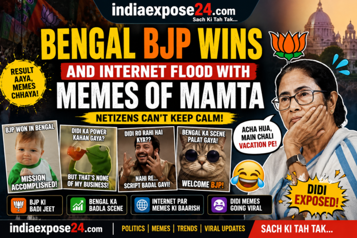 Funny political meme banner showing Mamata Banerjee reactions after hypothetical BJP victory in Bengal with viral internet meme style design and IndiaExpose24 branding.