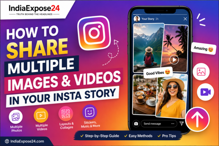 How to Share Multiple Images and Videos in Your Insta Story featured image showing Instagram Story layout, multiple photos, videos, social media icons, and IndiaExpose24.com branding.