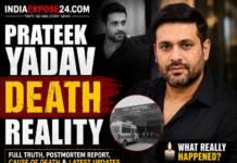 SEO news thumbnail showing Prateek Yadav with bold text “Prateek Yadav Death Reality” and IndiaExpose24.com branding alongside hospital image and latest update graphics.