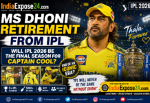 MS Dhoni Retirement From IPL featured image showing Dhoni in Chennai Super Kings jersey with IPL trophy and IndiaExpose24.com branding