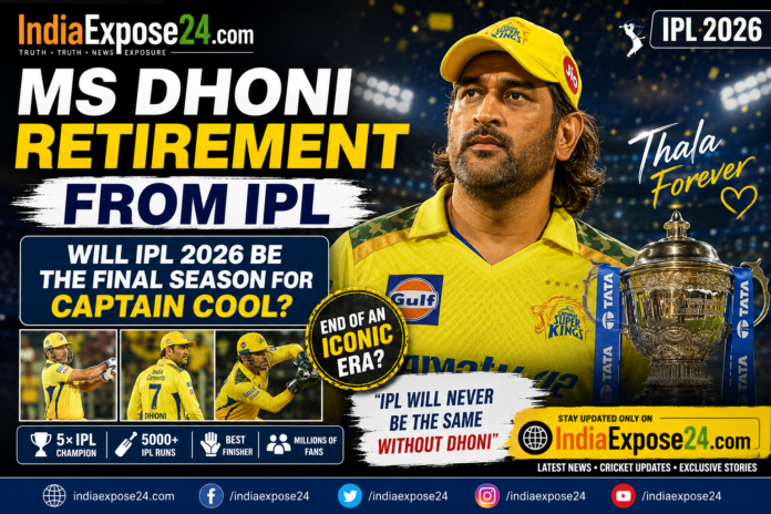 MS Dhoni Retirement From IPL featured image showing Dhoni in Chennai Super Kings jersey with IPL trophy and IndiaExpose24.com branding