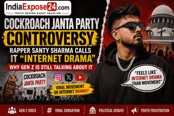 Cockroach Janta Party controversy featured image showing rapper Santy Sharma with viral internet drama headline and IndiaExposé24 branding