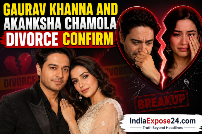 Gaurav Khanna and Akanksha Chamola divorce confirmation featured image showing the couple together with a broken heart graphic and emotional portraits.