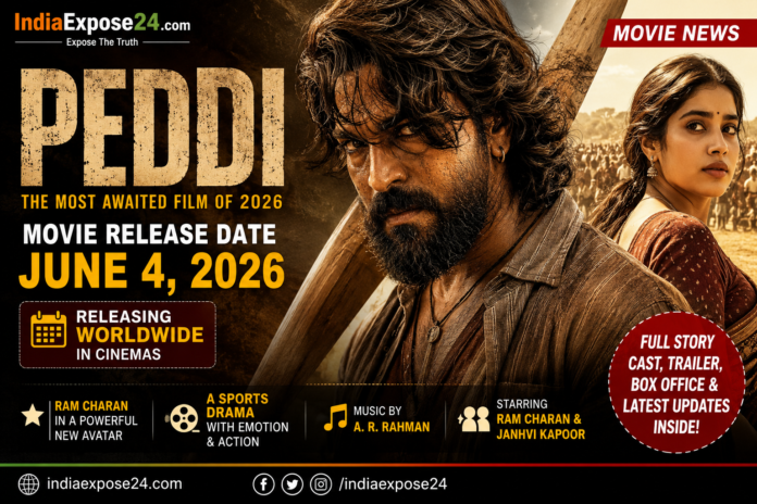 Peddi Movie Release Date 2026 featured image showing Ram Charan and Janhvi Kapoor with June 4, 2026 release date, movie news banner, and IndiaExpose24.com branding.