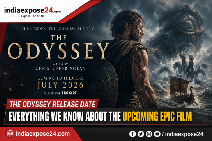 Epic cinematic featured image of “The Odyssey” movie release article with a dramatic storm sea battle scene, warrior standing with shield, mythological creature in background, and IndiaExpose24.com branding with bold news-style layout and release date headline.