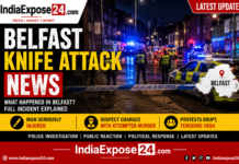 Belfast Knife Attack News featured image showing police vehicles, emergency response, and crime scene investigation in Belfast with IndiaExpose24.com branding.