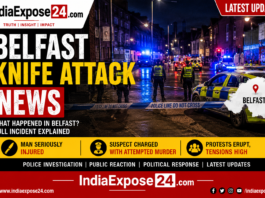 Belfast Knife Attack News featured image showing police vehicles, emergency response, and crime scene investigation in Belfast with IndiaExpose24.com branding.