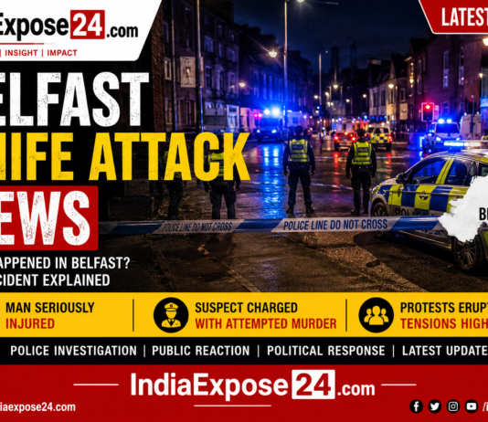 Belfast Knife Attack News: What Happened in Belfast and Why the Incident Sparked Widespread Unrest Belfast Knife Attack News featured image showing police vehicles, emergency response, and crime scene investigation in Belfast with IndiaExpose24.com branding.