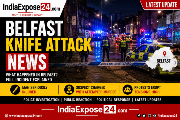 Belfast Knife Attack News featured image showing police vehicles, emergency response, and crime scene investigation in Belfast with IndiaExpose24.com branding.