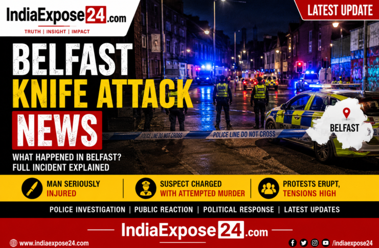 Belfast Knife Attack News featured image showing police vehicles, emergency response, and crime scene investigation in Belfast with IndiaExpose24.com branding.