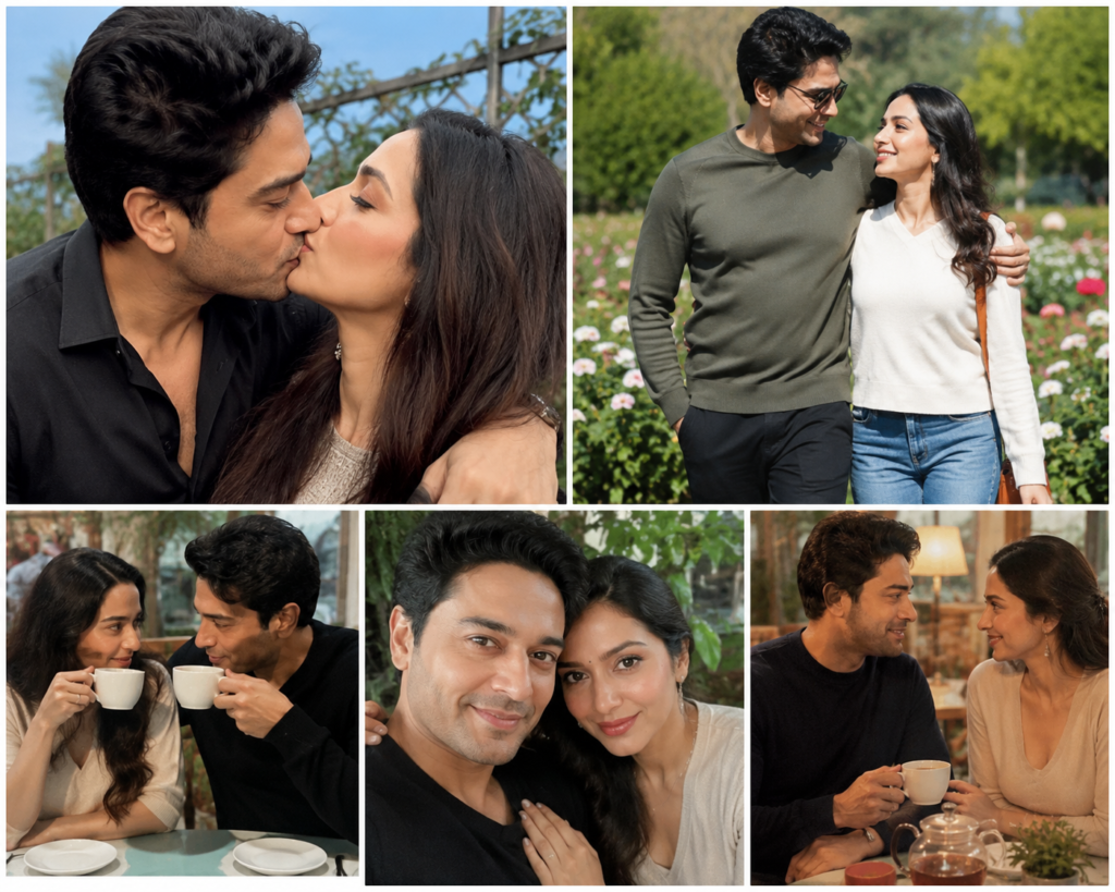 Gaurav Khanna and Akanksha Chamola collage featuring happy memories together, including garden walks, tea dates, and candid couple moments before their reported separation.