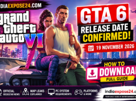 GTA 6 Release Date Confirmed featured image showing official Rockstar artwork, map leaks, expected PC system requirements, and how to download guide with IndiaExpose24.com branding