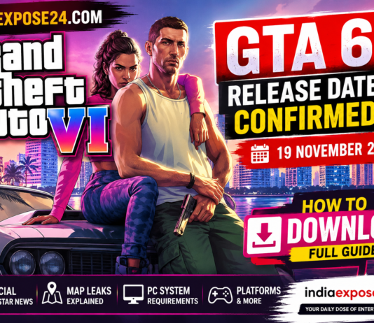 GTA 6 Release Date Confirmed featured image showing official Rockstar artwork, map leaks, expected PC system requirements, and how to download guide with IndiaExpose24.com branding