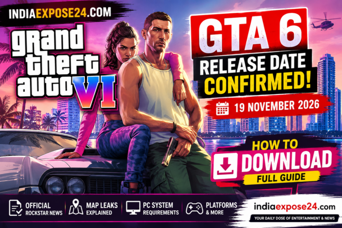 GTA 6 Release Date Confirmed featured image showing official Rockstar artwork, map leaks, expected PC system requirements, and how to download guide with IndiaExpose24.com branding