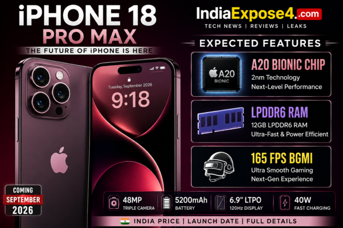 iPhone 18 Pro Max featured image showing A20 Bionic Chip, 12GB LPDDR6 RAM, 165 FPS BGMI support, 48MP triple camera, 5200mAh battery, and expected September 2026 launch with IndiaExpose24.com.