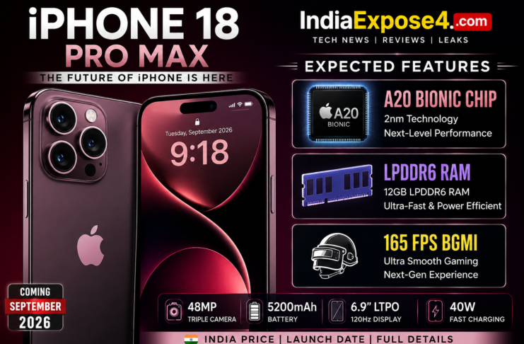 iPhone 18 Pro Max featured image showing A20 Bionic Chip, 12GB LPDDR6 RAM, 165 FPS BGMI support, 48MP triple camera, 5200mAh battery, and expected September 2026 launch with IndiaExpose24.com.