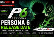 Persona 6 release date featured image showing the Persona 6 logo, dark green-themed artwork, mysterious character silhouette, and IndiaExpose24.com branding with latest release date news and game updates.