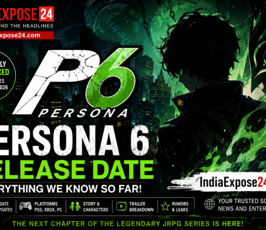 Persona 6 Release Date: Everything We Know About Atlus’ Highly Anticipated RPG Persona 6 release date featured image showing the Persona 6 logo, dark green-themed artwork, mysterious character silhouette, and IndiaExpose24.com branding with latest release date news and game updates.